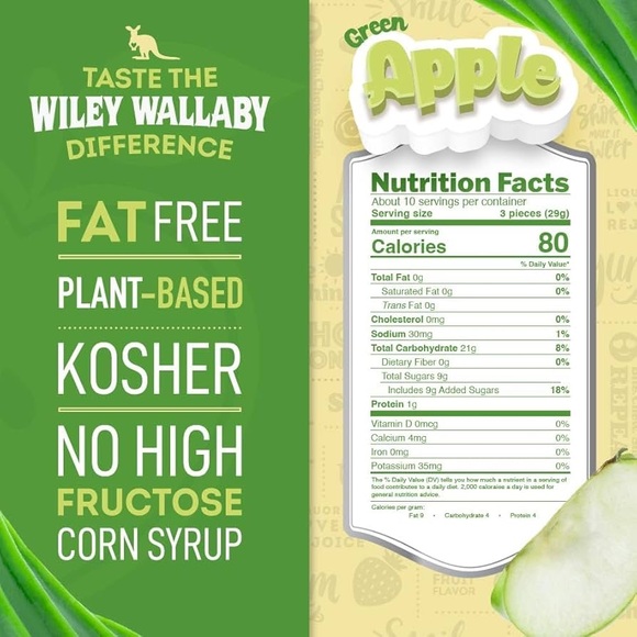 (6) Wiley Wallaby 10 oz Australian Green Apple Licorice Soft Chewy Candy Twists - Picture 5 of 6